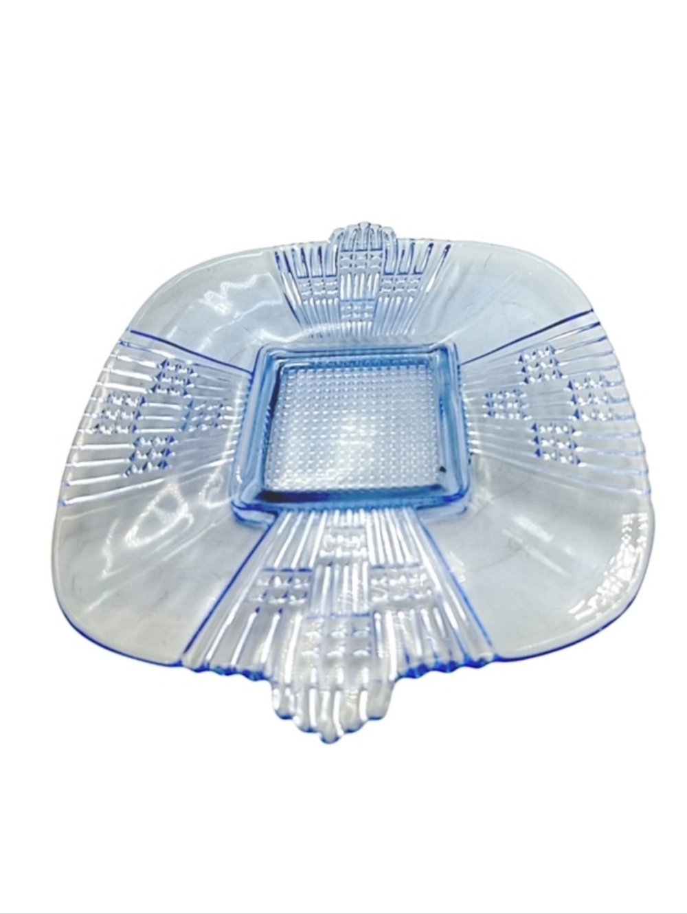 Ice Blue Art Deco Square Glass Serving Platter with Handles 1approx 10.35" x 9"